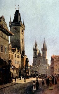 La plaza Starometsky y el ayuntamiento de Praga, hacia 1900 (impresión) de Vaclav Jansa