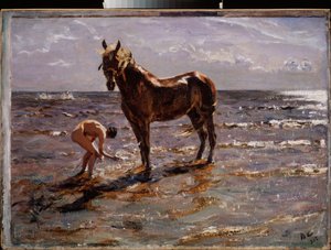 El baño del caballo. (Joven desnudo salpicando un caballo, otras dos figuras corren hacia el mar). Pintura de Valentin Alexandrovich Serov (1865-1911), óleo sobre lienzo