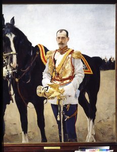 Retrato del Gran Duque Paul Alexandrovich de Rusia (1860-1919). (Retrato del Gran Duque Paul Alexandrovich de Rusia). Con el uniforme de un oficial de caballería del ejército imperial ruso, cerca de su caballo. Pintura de Valentin Alexandrovich Serov ( de Valentin Aleksandrovich Serov