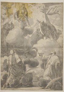 La Virgen y el Niño en las nubes rodeados de ángeles y los santos Cosme y Damián, Cecilia, Segundo y Marina de Valentin Lefèvre