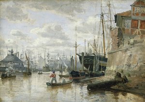 La cabaña de troncos en el puerto de Hamburgo, 1848 de Valentin Ruths