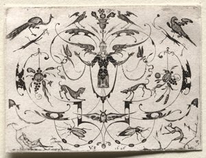 Arabesco con pavo real, periquito, perros e insectos, 1626