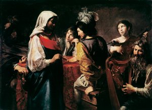 La adivinadora. Pintura de Jean Valentin de Boulogne (1594-1632) Dim. 125 x 175 cm París, Museo del Louvre de Valentin de Boulogne