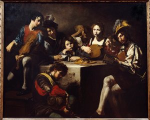 El concierto de bajo relieve. Músicos reunidos alrededor de un altar esculpido. Pintura de Valentin de Boulogne (1591-1632)