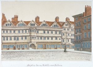 Vista de Staple Inn y los edificios de Middle Row en el centro de Holborn, Londres, 1850