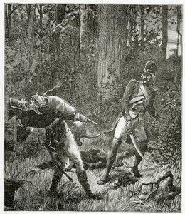 Rask el perro matando a un soldado inglés - ilustración de Bug-Jargal, siglo XIX