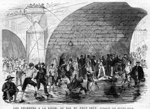 El pescador tiene la línea en el fondo del puente nueve en París en 1868 durante la bajamar. Dibujo de Desroches - Valnay
