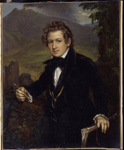 Retrato del pintor Karl Pavlovich Briullov (Bryullov) (1799-1852). Retrato del pintor K.P. Briulov). Representado frente a un volcán, el pintor sostiene un portaminas y su tablero de dibujo. Pintura de Vasili Andreyevich Tropinin (Vassili Tropinin) (1 de Vasili Andreevich Tropinin