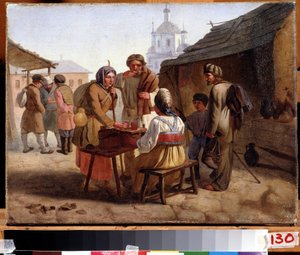 ""Un vendedor ambulante de kvas"" Kwas (o kwass) es una bebida similar a la cerveza, popular en Rusia y los países del Este. Pintura de Vasili Yefimovich (1839-?) 1862 Museo Estatal de Arte de la República de Chuvash, Cheboksary