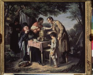 Tomando té en Mytishchi (Mytischi), cerca de Moscú (monjes ortodoxos tomando té en un jardín, un lisiado y un niño miserable pidiendo limosna, empujados por un criado) Pintura de Vasili (Vassili) Grigorievich Perov (1834-1882), óleo sobre lienzo de Vasili Grigorevich Perov