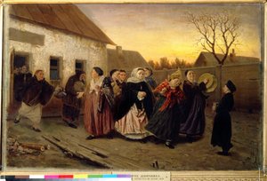 Costumbre rusa: procesión de mujeres que salen de una casa bailando y cantando en la víspera de una boda (Fiesta de la víspera de la boda en una casa de baños). Pintura de Vasili (Vasili) Grigoryevich Perov (1834-1882)