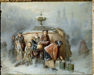 La Cola En La Fuente. En pleno invierno, los habitantes de la ciudad esperan su turno, entre el viento frío y la niebla, para llenar su balde de agua potable. Pintura de Vasili (Vasili) Grigoryevich Perov (1834-1882), óleo de Vasili Grigorevich Perov