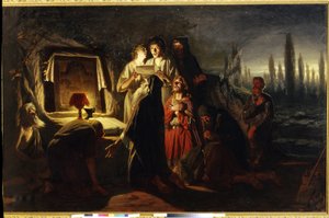 Los primeros cristianos de kyiv (Ucrania). (primeros cristianos de kyiv). Celebración religiosa de una pequeña comunidad de cristianos ortodoxos, en oración ante un icono al anochecer. Pintura de Vasili (Vasili) Grigoryevich Perov (1834-1882), hui