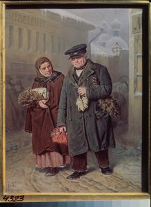 Lunes de Cuaresma (Pareja vistiendo plantas curativas y purificadoras para el baño de vapor, anterior a la Semana Santa) - Lunes Limpio - Pintura de Vasili (Vassili) Grigorievich Perov (1834-1882), óleo sobre madera de Vasili Grigorevich Perov