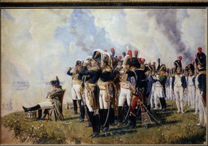 Napoleón Bonaparte (1769-1821) en los altos de Borodino. Batalla de Moskova (o Batalla de Borodino, 7 de septiembre de 1812, durante la campaña rusa), Napoleón, sentado con los brazos cruzados, pensativo, es representado frente a los soldados del campo de 