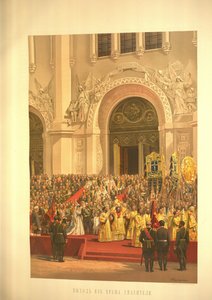 La pareja imperial saliendo de la Catedral de Cristo Salvador del Álbum de la Coronación, 1883