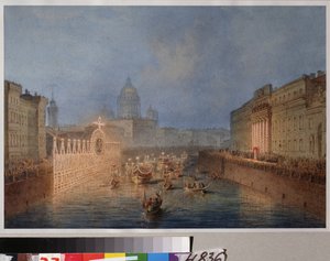 Iluminación del río Moika en San Petersburgo. Obra de Vassily Semyonovich Sadovnikov (1800-1879), acuarela sobre papel de Vasili Semenovich Sadovnikov