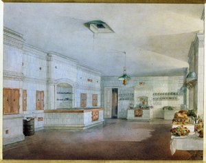 La cocina del Palacio Yusupov (Palacio Moika) en San Petersburgo. (La Cocina en el Palacio Yusupov en San Petersburgo). Obra de Vasily Semyonovich Sadovnikov (1800-1879), acuarela sobre papel. Arte ruso del siglo XIX. Museo Estatal Ruso, San Pe de Vasili Semenovich Sadovnikov