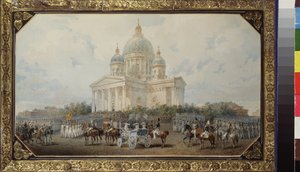 El desfile frente a la Catedral de San Isaac en San Petersburgo. Obra de Vasily Semyonovich Sadovnikov (1800-1879), acuarela sobre papel