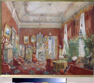 El salón familiar del Palacio Yusupov (Palacio Moika) en San Petersburgo. (La Sala de Estar Familiar en el Palacio Yusupov en San Petersburgo). Obra de Vasily Semyonovich Sadovnikov (1800-1879), acuarela sobre papel. arte ruso
