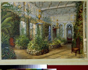 El Jardín de Invierno del Palacio Yusupov (Palacio Moika) en San Petersburgo (El Jardín de Invierno en el Palacio Yusupov en San Petersburgo). Obra de Vasily Semyonovich Sadovnikov (1800-1879), acuarela sobre papel