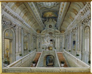 La escalera principal del Palacio Yusupov (Palacio Moika) en San Petersburgo. (La escalera principal del Palacio Yusupov en San Petersburgo). Obra de Vasily Semyonovich Sadovnikov (1800-1879), acuarela sobre papel. arte ruso de Vasili Semenovich Sadovnikov