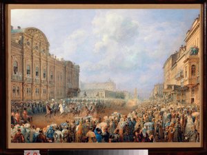 Desfile en la Avenida Neva (Nevsky Prospect) en el Palacio Beloselsky Belozersky. (San Petersburgo). Obra de Vasily Semyonovich Sadovnikov (1800-1879), acuarela sobre papel de Vasili Semenovich Sadovnikov