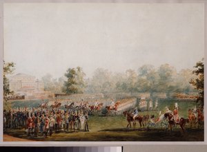 Desfile militar en el prado del palacio de Elagin en San Petersburgo. (Desfile de la Guardia Imperial). Obra de Vasily Semyonovich Sadovnikov (1800-1879), acuarela sobre papel de Vasili Semenovich Sadovnikov