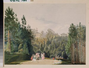 Escena en un parque. Obra de Vasily Semyonovich Sadovnikov (1800-1879), acuarela sobre papel