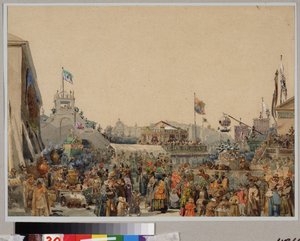 Stand de feria en Admiralty Square en San Petersburgo. Obra de Vasily Semyonovich Sadovnikov (1800-1879), acuarela sobre papel