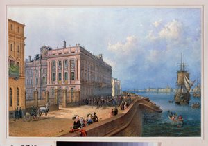 Vista del terraplén del Neva y el Palacio de Mármol en San Petersburgo. Obra de Vasily Semyonovich Sadovnikov (1800-1879), acuarela sobre papel