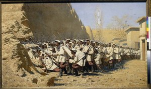 ¡A las fortificaciones, déjenlas entrar! (reunión de las tropas antes de la batalla) (En los muros de la fortaleza; ¡Déjenlos entrar!) - Pintura de Vasili Vasilyevich Vereshchagin (Vereshchagin) (1842-1904), óleo sobre lienzo (95x160,5 cm)