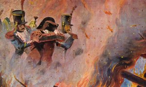 Soldados guían a Napoleón Bonaparte a través del fuego en Moscú (litografía en color) de Vasili Vasilievich Vereshchagin
