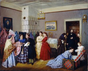 Recibir la dote. La familia de la novia desempaca los baúles y cuenta los efectos traídos. Las mayores discuten la calidad de las telas de los vestidos con un joven que lleva la lista de cosas traídas. un niño de Vasili Vladimirovits Pukirev