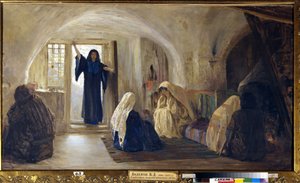 Triggering Tears of Joy (Una mujer joven radiante entra en una casa donde todos están sentados llorando y abatidos) (Dando paso a una alegría llorosa) - Pintura de Vasili Dmitrievich Polenov (1844-1927), óleo sobre lienzo (80x141 cm), 1899-1905 - Estado de Vasilij Dmitrievich Polenov