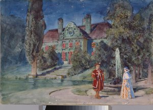 Decoración preparatoria, un jardín frente a una casa, para la ópera ""Boris Godounov"" de Modeste Moussorgsky (1839-1881) - Escenografía para la ópera Boris Godunov de Modeste Musorgsky - Obra de Vasili Dmitrievich Polenov (1844-1927) , acuarela y gouache  de Vasilij Dmitrievich Polenov