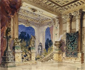 Diseño de escenario para la ópera La rosa escarlata de N. Krotkov, 1884