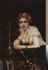 Una odalisca. (Retrato de mujer de harén, de mirada melancólica, sosteniendo un narguile). Pintura de Vasili Dmitrievich Polenov (1844-1927), óleo sobre lienzo. Arte ruso del siglo XIX, orientalismo. Museo Nacional de Arte de la República Bielorrusa, Minsk de Vasilij Dmitrievich Polenov