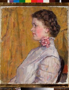 Retrato de mujer sobre fondo amarillo (Retrato femenino sobre fondo amarillo) - Pintura de Vasilli Ivanovich Surikov (Vasily Surikov o Vassili Surikow) (1848-1916), óleo sobre lienzo