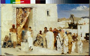 El ácaro de la viuda (En el templo, Jesús recalca a sus discípulos el valor de la ofrenda de la viuda pobre y sincera) - Pintura de Vasilii (Wilhelm) Alexandrovich Kotarbinsky (1849-1921), óleo sobre madera (23,8x40 cm), ca. 1890 - Estat. de Vasily Alexandrovich Kotarbinsky