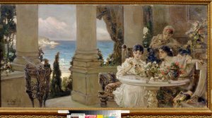 Sur la terrasse - Peinture de Vassili (Vasili, Vasilii, Wilhelm) Alexandrovich Kotarbinsky (Kotarbinski, Kotarbinskii) (1849-1921), huile sur toile - En la terraza, Óleo sobre lienzo de Vasilii Alexandrovich Kotarbinsky - Museo Regional de Arte, Kirovohrad