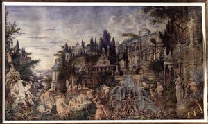 Una Orgía. Una escena de celebración frente a los antiguos palacios romanos, reuniendo un cortejo dionisíaco de sátiros y bacantes, en escenas de baño. Obra de Vasily (Vasily, Vasily, Wilhelm) Alexandrovich Kotarbinsky (Kotarbinski, Kot de Vasily Alexandrovich Kotarbinsky