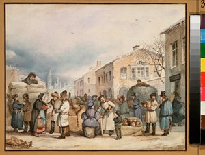 El mercado del heno en San Petersburgo - Obra de Vasili Ivanovich Shternberg (1818-1845), acuarela sobre papel de Vasily Ivanovich Sternberg