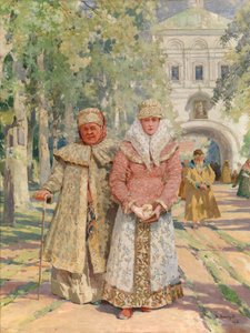 Fuera de la puerta del monasterio - Pintura de Vasili Ivanovich Navozov (1862-1919), óleo sobre lienzo (49x41,5 cm) de Vasily Ivanovich Navozov