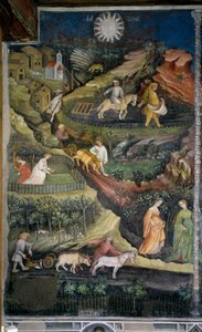 Abril: arado y siembra de campos. Escena de agricultura con arado, rastra y herramientas agrícolas en el campo.