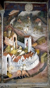 Diciembre: los leñadores recogen la madera y la llevan a la ciudad de Trento donde se representan la muralla y el castillo de Buonconsiglio.