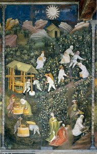 Octubre: escena de cosecha, vendimia y preparación del mosto de Venceslao Maestro