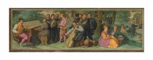 Un concierto pastoral, con figuras elegantes tocando una cítara, un clavicordio, un violín, un cornetto, un trombón y un violonchelo de Venetian School