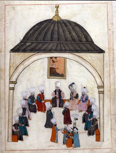 Administración bajo el Imperio Otomano: una audiencia presidida por el Gran Visir. Miniatura de "Memoriales Turcos" (códice Cicogna 1971 "Memorie Turchesche") Acuarela de la escuela veneciana del siglo XVII.