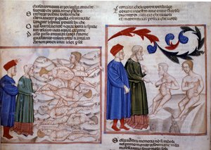Dante y Virgilio en conversación con Grifolino de Arezzo y Capocchio de Siena. Siglo XIV (miniatura)